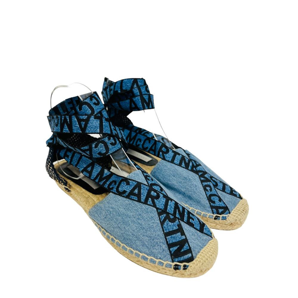 STELLA MCCARTNEY Blue Denim Gaia Canvas Lace Up Ankle Tie Espadrilles Flats 37 - Picture 4 of 8